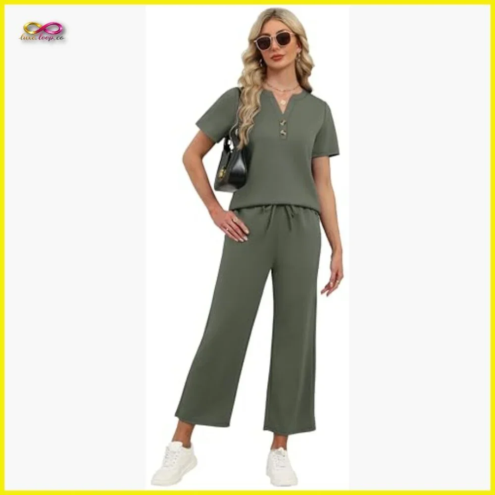 Two Piece Matching Set Wide Leg Crop Pants V Neck Top Resort Wear